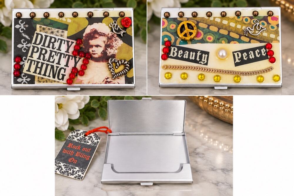 Handmade Dirty Pretty Thing Business Card Holder Beauty Peace Rhinestone Altered